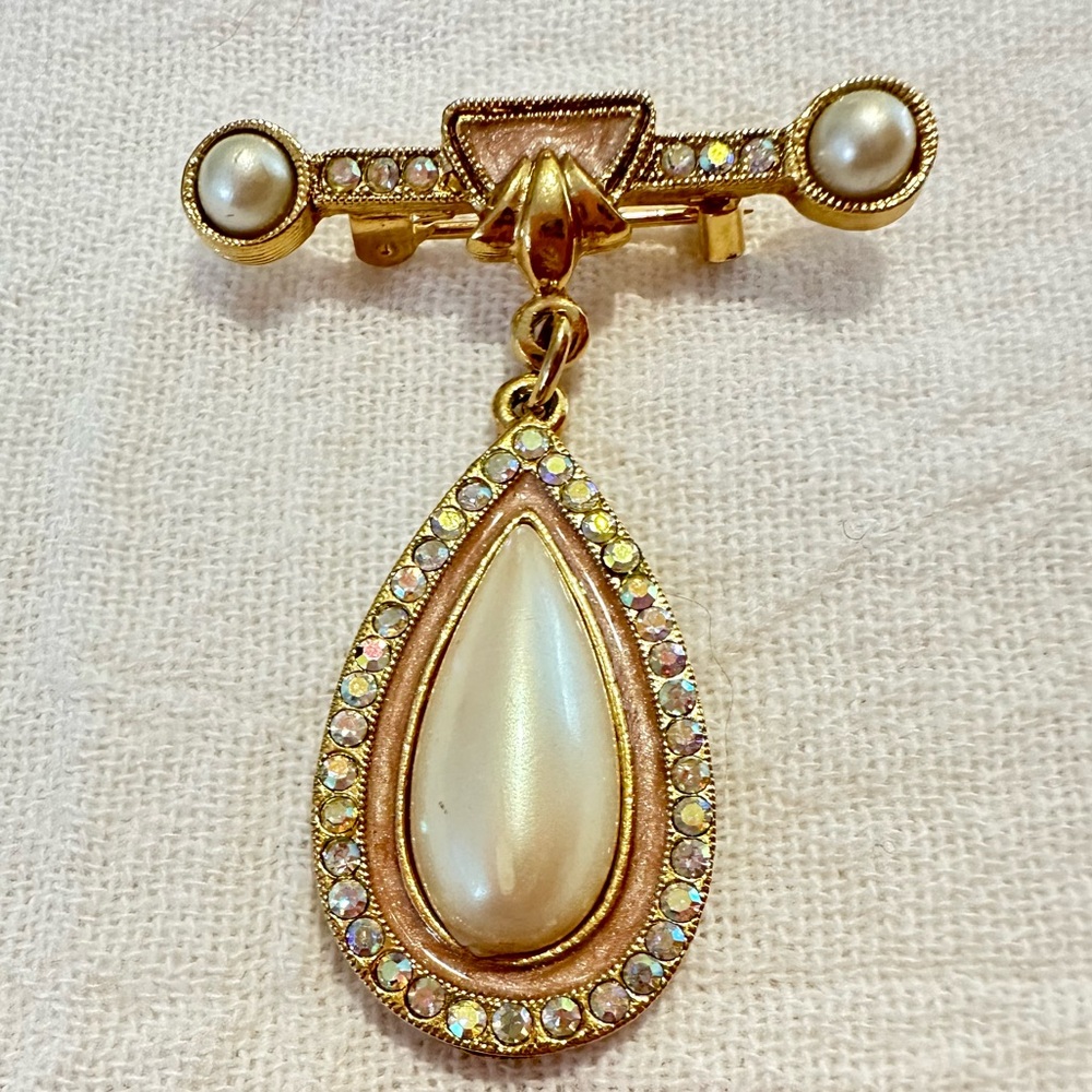 Vintage 1928 Jewelry Co Dangling Pink Enamel AB Rhinestone Pearl Teardrop Brooch